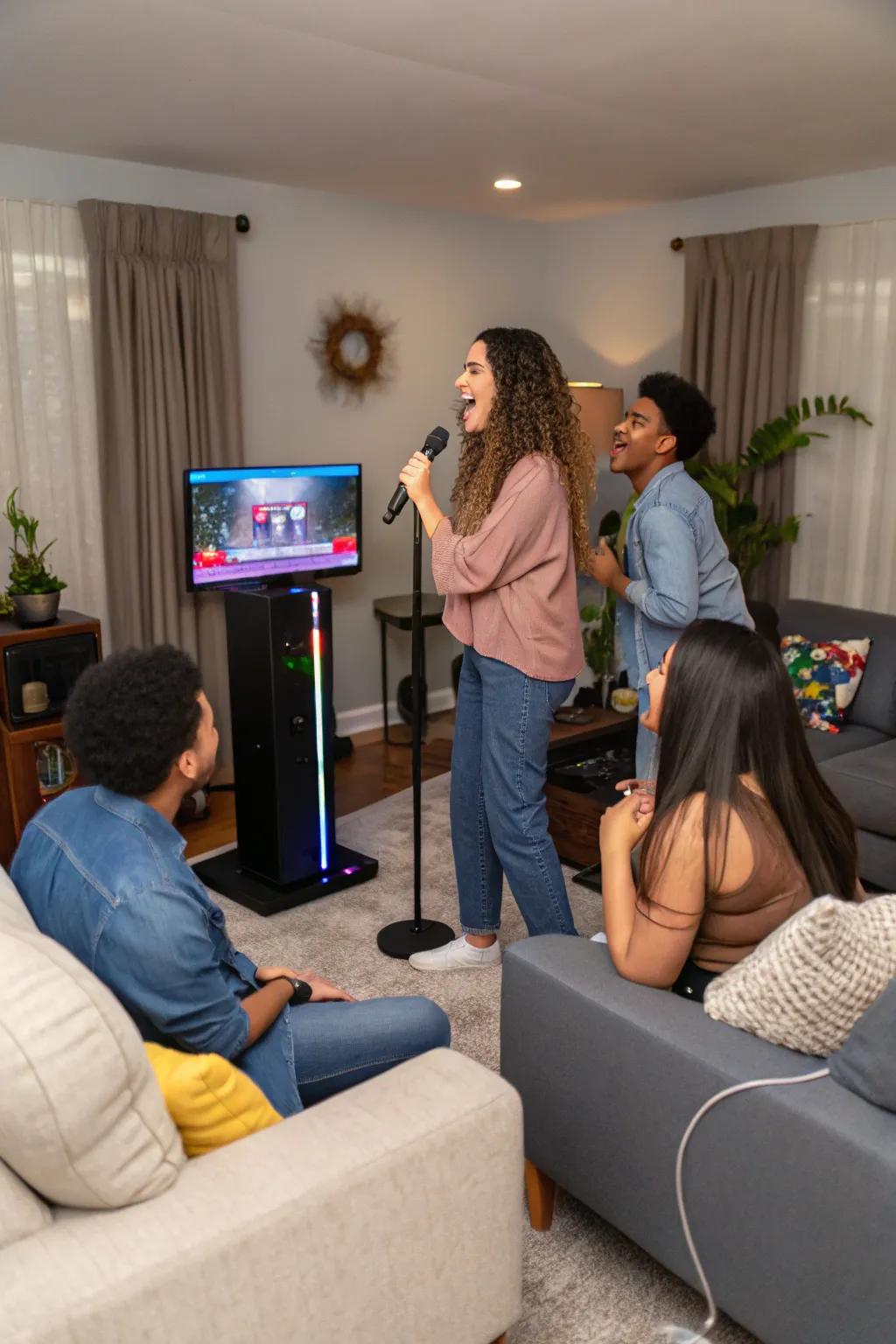 A lively home karaoke evening featuring friends singing and having fun.