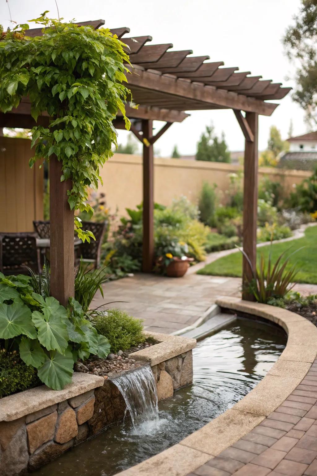 A water feature gives a small pergola setup a soothing element.