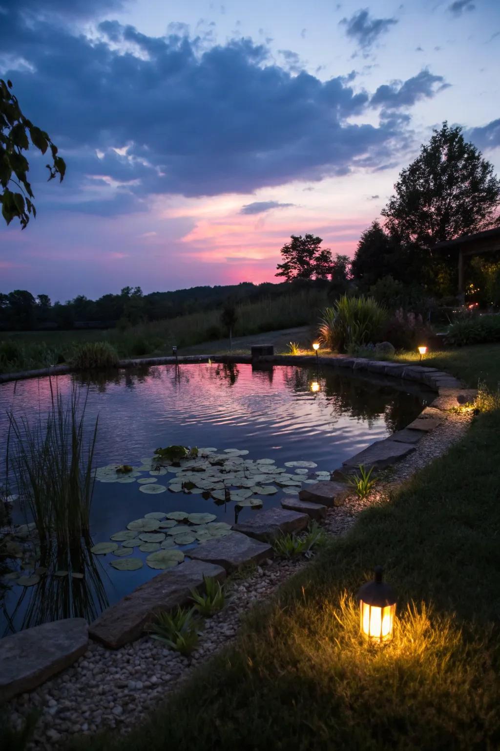 Integrated illumination transforms a pond into a nighttime spectacle.