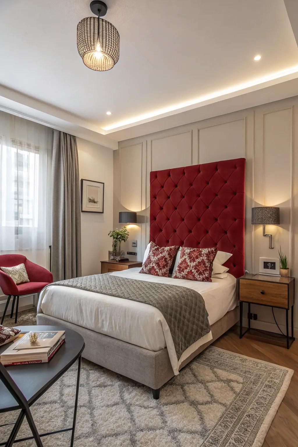 A bold crimson bedframe in a small bedroom functions as a striking focal point.