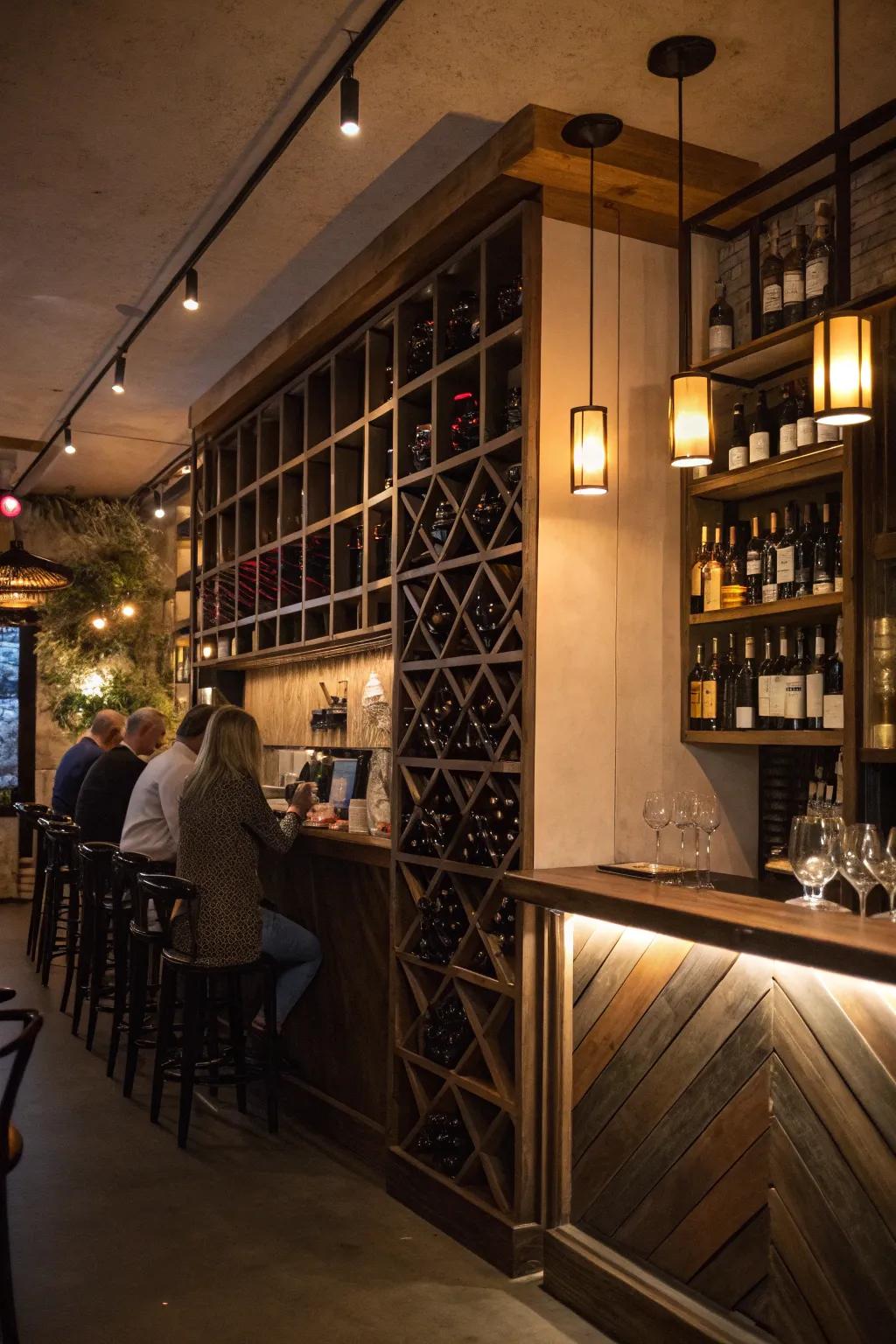An integrated nectar rack appends profundity and functionality to a small restaurant bar.