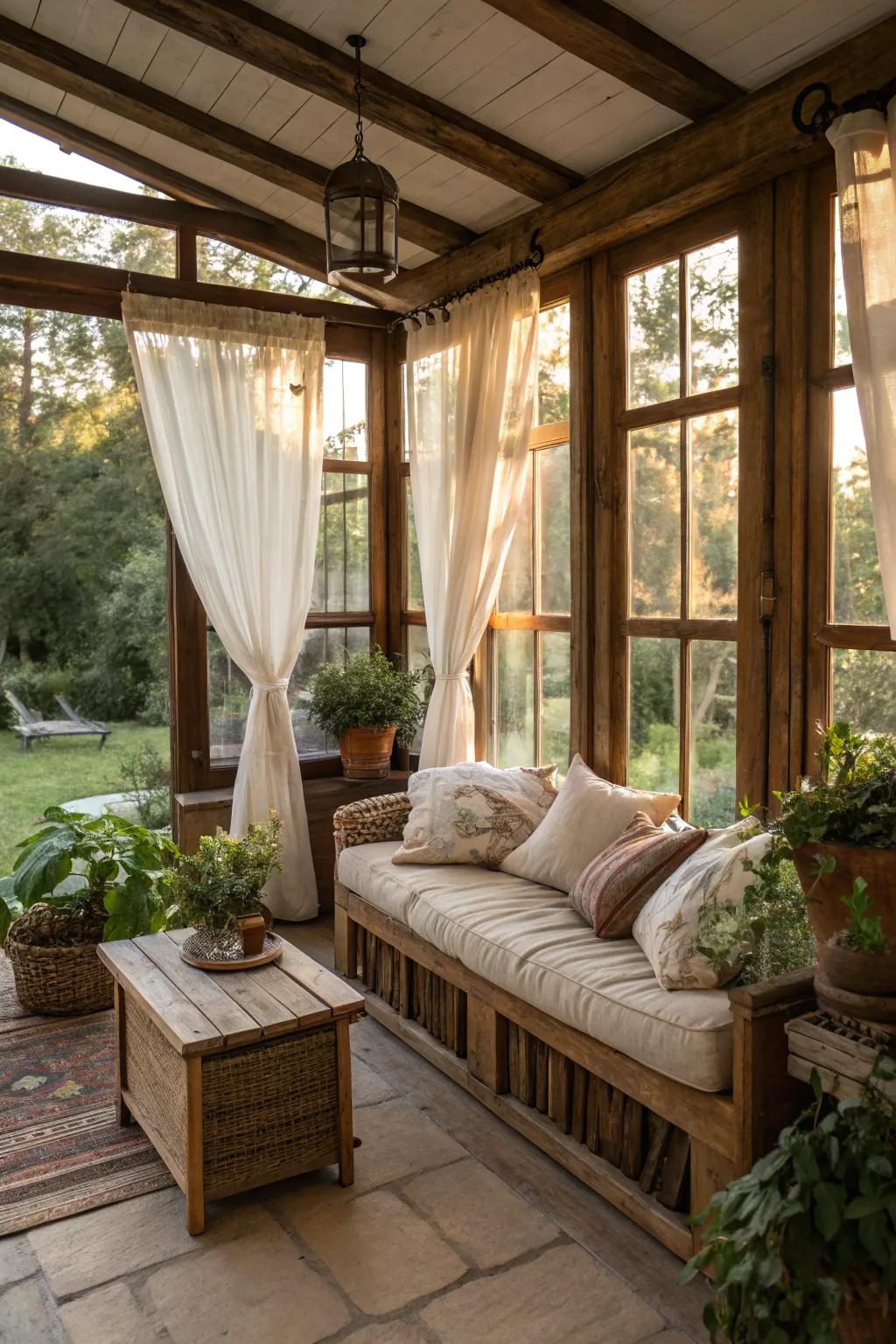 Natural textiles like linen introduce comfort and simplicity to this sunroom.