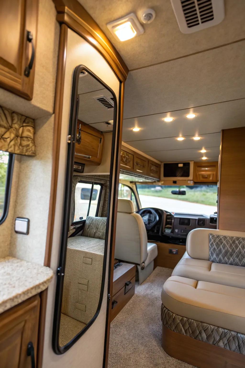 Mirrors will significantly enhance the sense of space and light in your RV.
