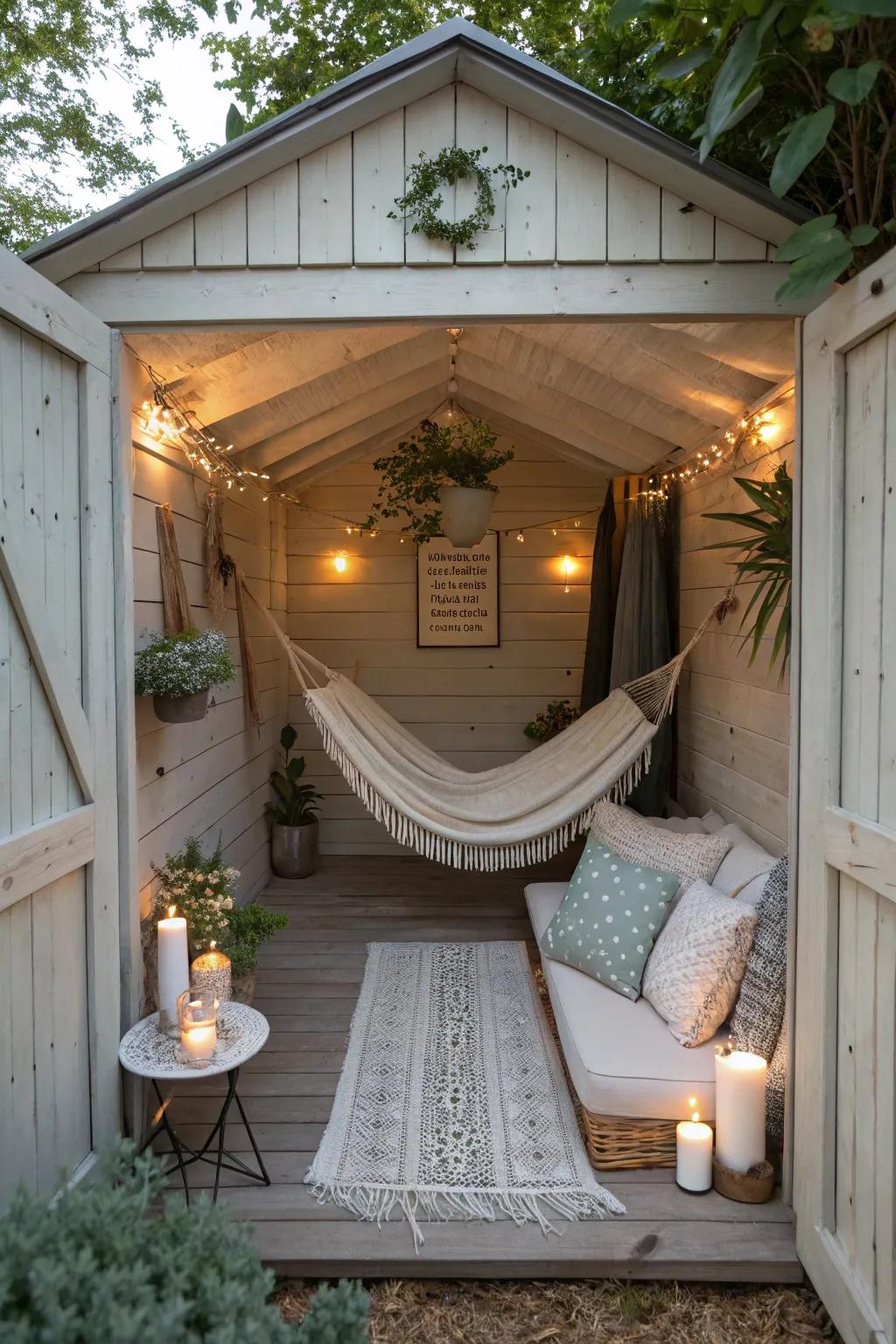 A peaceful relaxing zone inside a small shed.