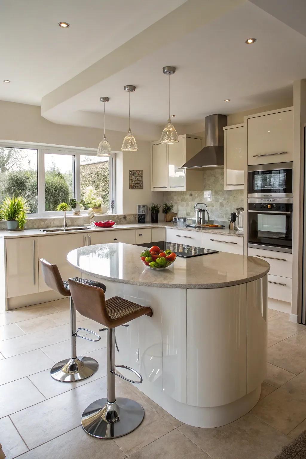 Curved islands promote flow and openness in a small cooking area.
