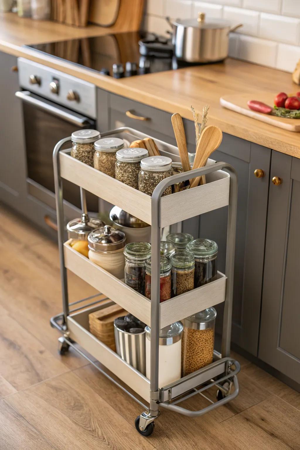 A fashionable rolling cart in a kitchen provides flexible storage.