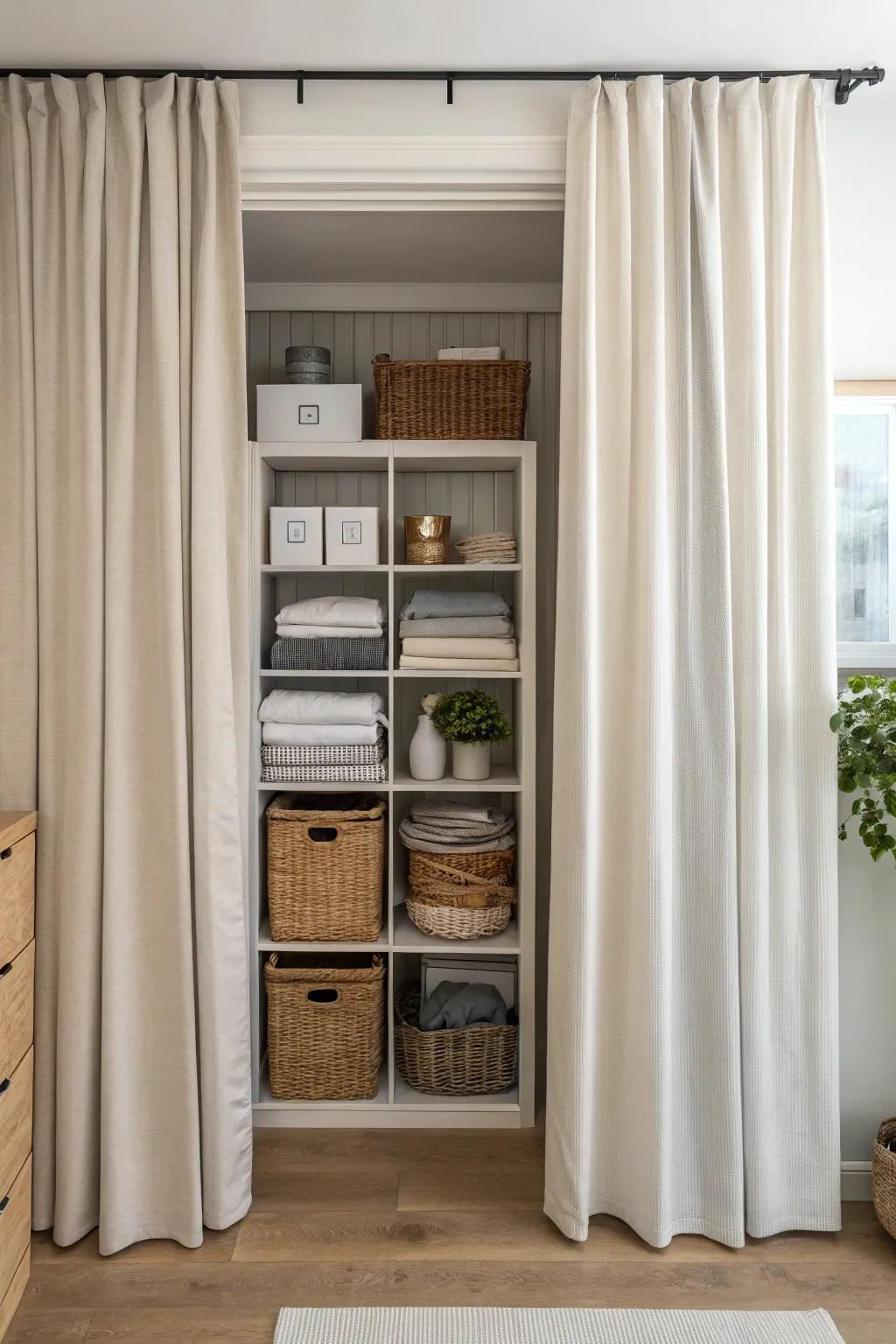 Curtains provide an elegant method for covering storage spaces.