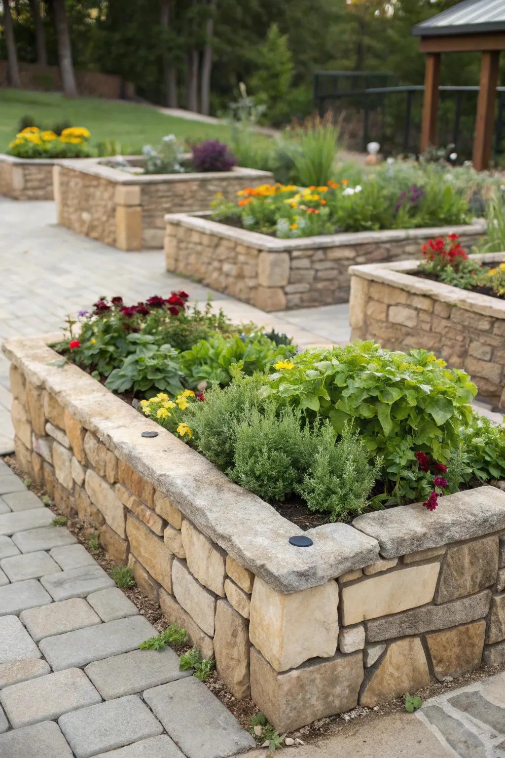 Countryside elevated garden beds constructed via rocks.