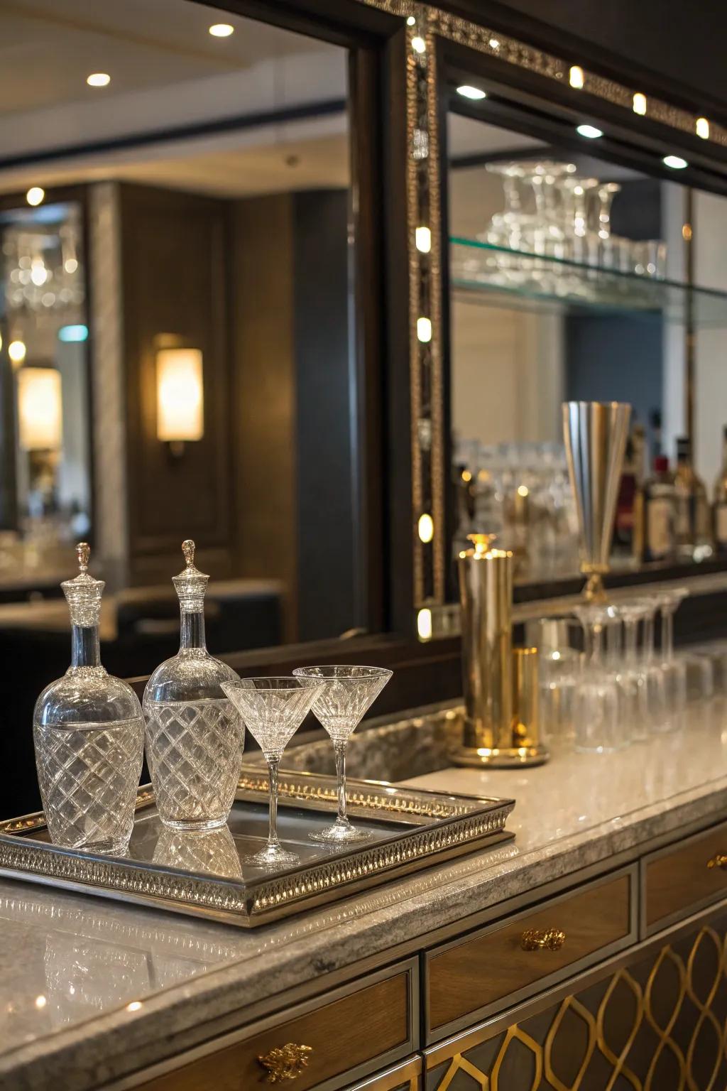 Sophistication is added to a compact wet bar by mirrored accents.