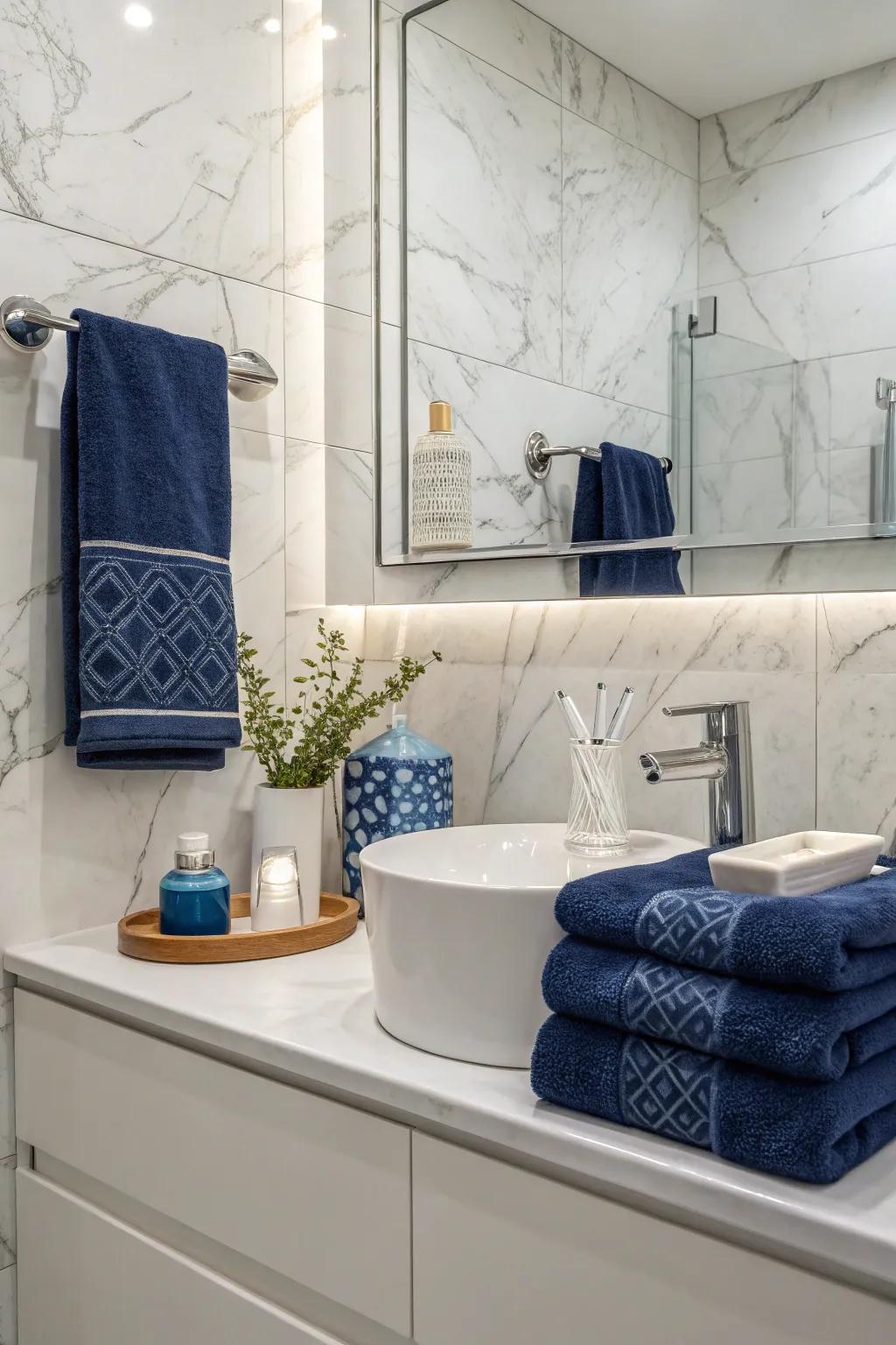 Accent colors provide a vibrant contrast to white marble.