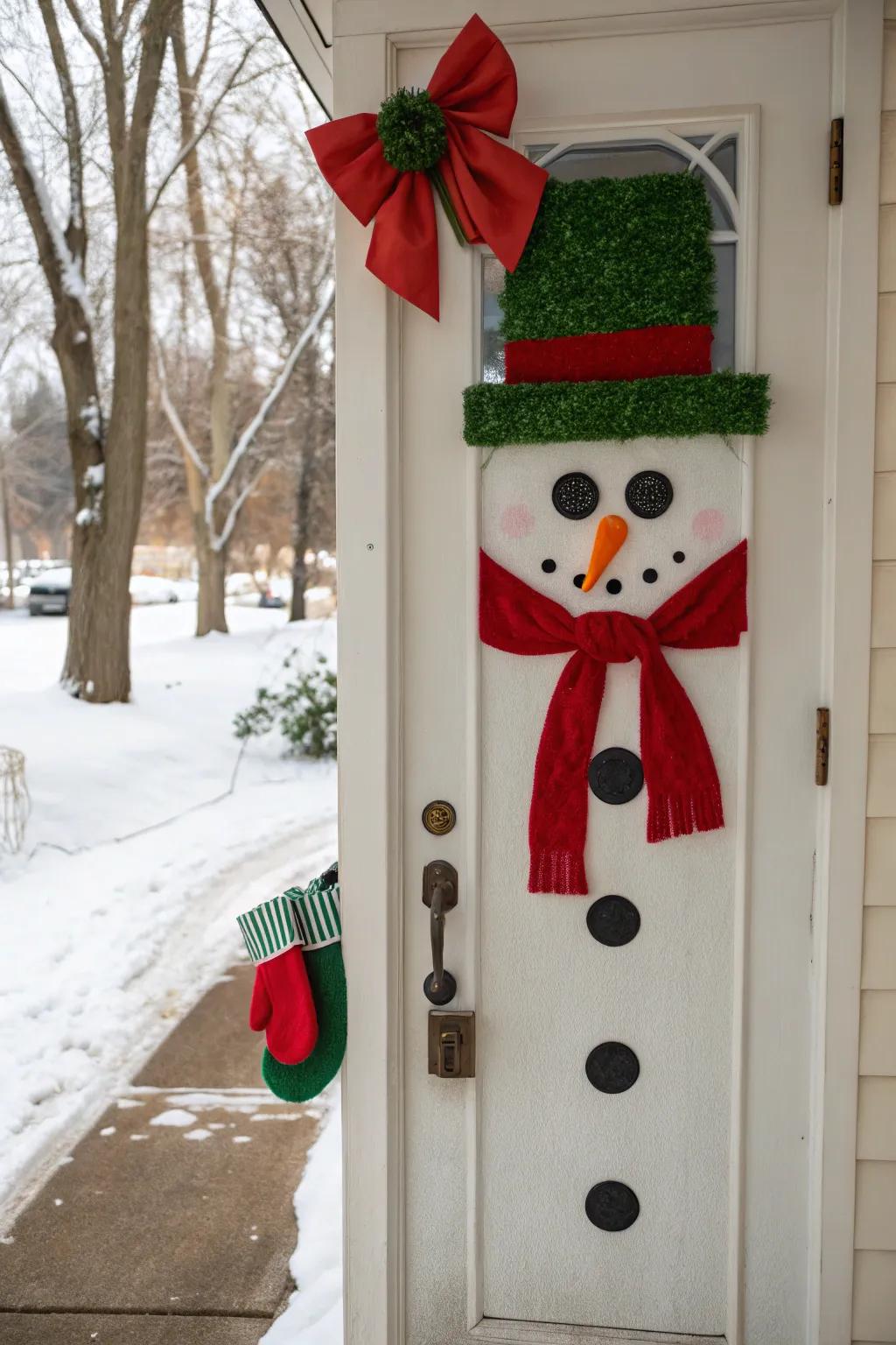 Bold colors make your snowman door stand out with festive flair.