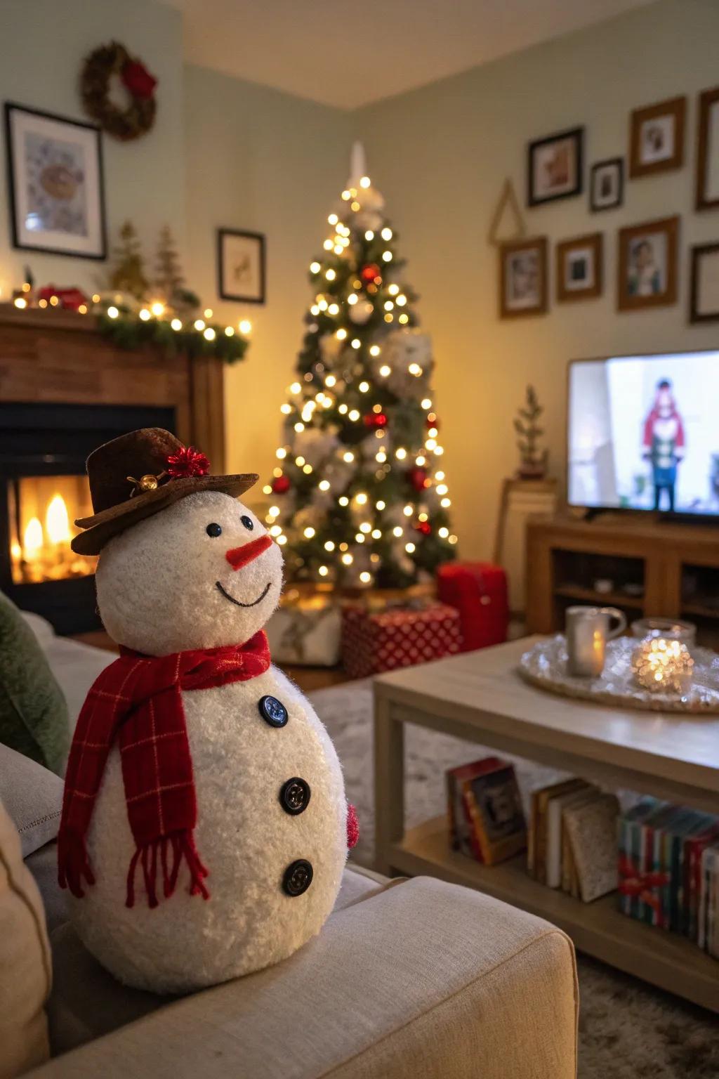 An indoor felt snowman bringing warmth to holiday décor.