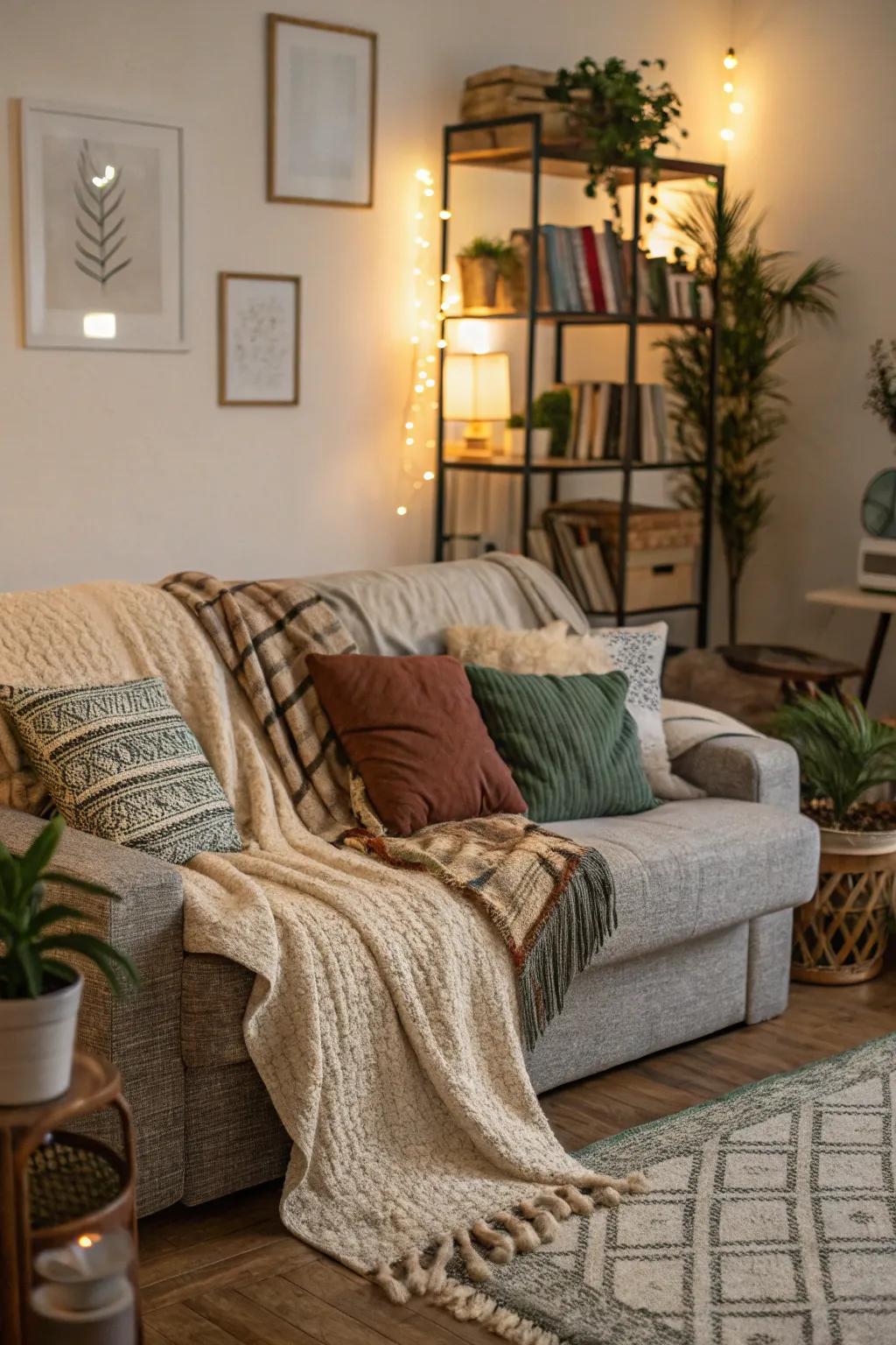 Layered textures amplify depth on a sofa in a compact living area.