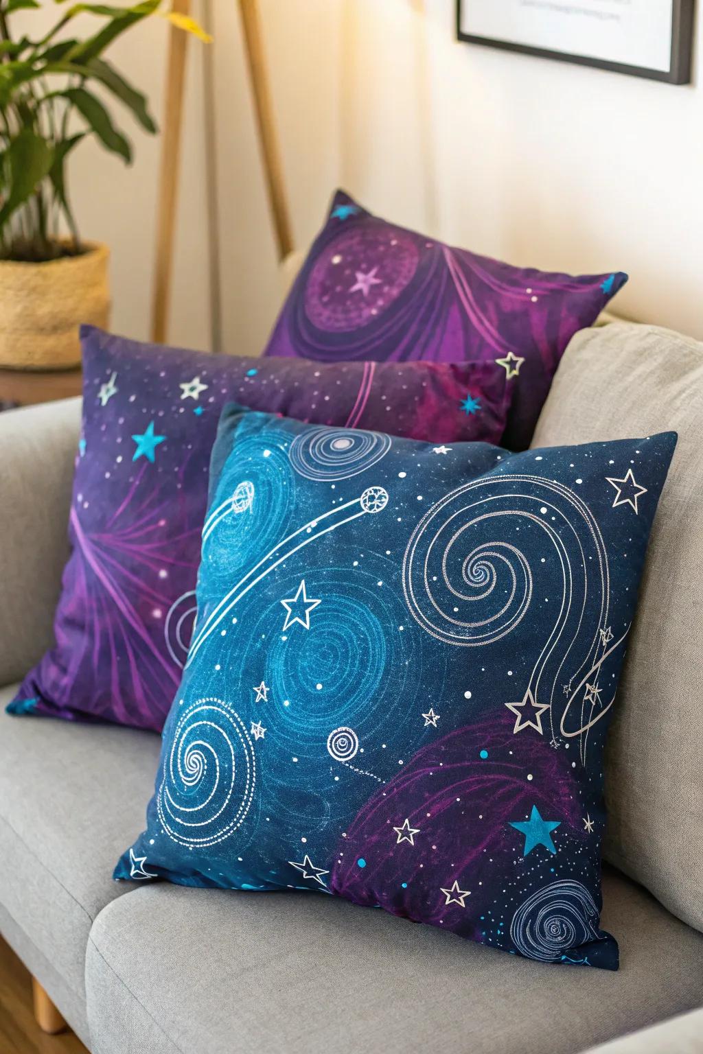 Galaxy inspired cushions add coziness and a sensation of the galaxy to your seating.