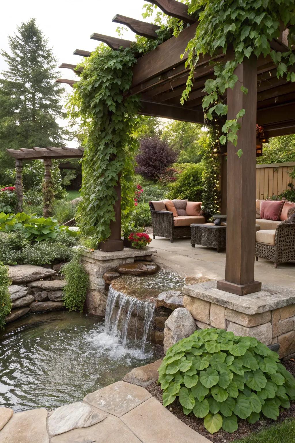 A water feature contributes tranquility to the pergola setting.