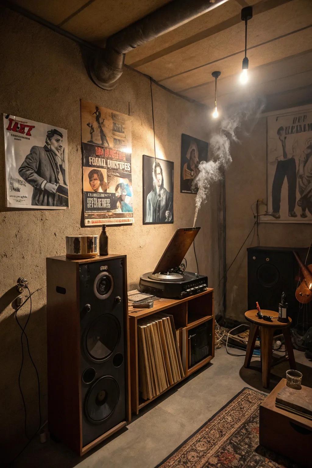 A vintage audio setup brings music to life in your speakeasy.
