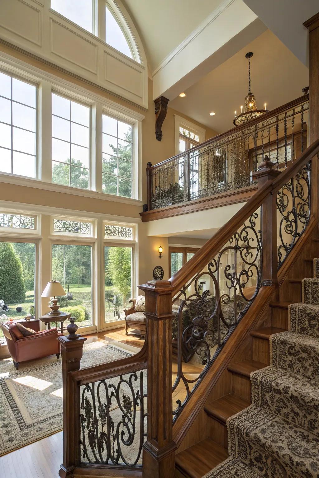 Elaborate woodwork railings appending timeless elegance to a split-level abode.