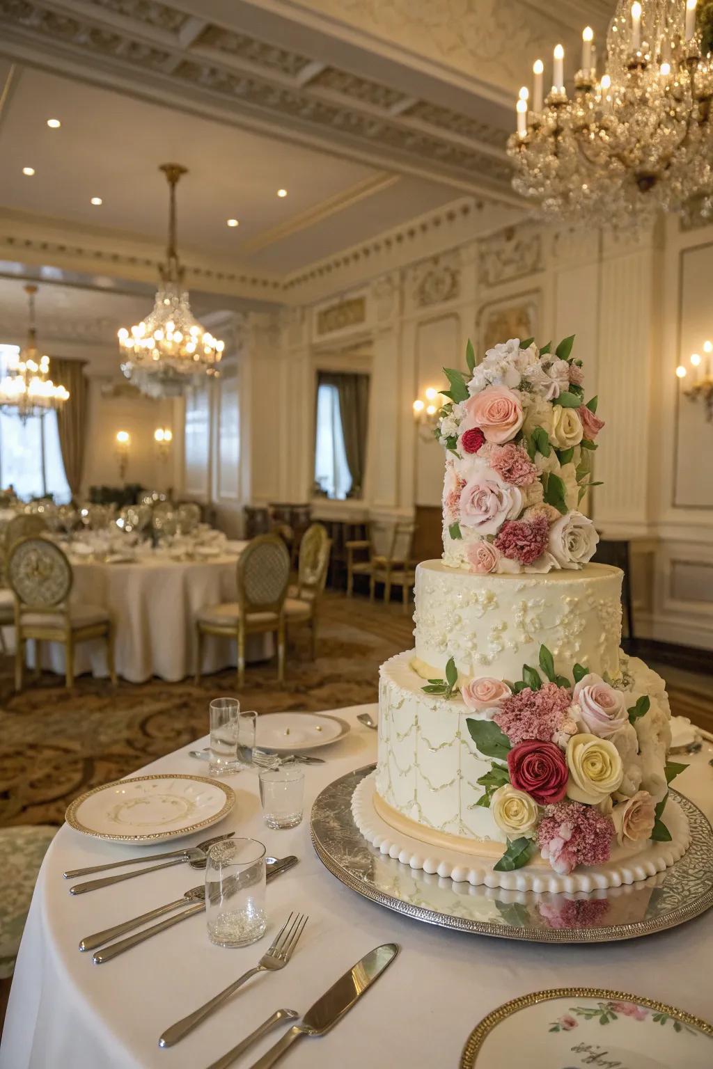 A cake adorned with intricate buttercream flower art.