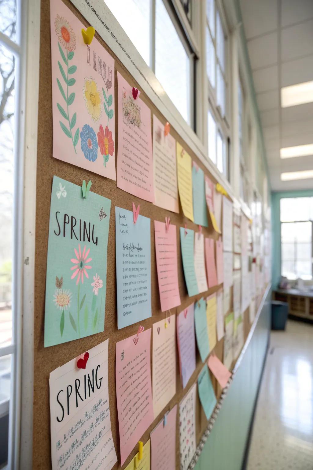A bulletin board showcasing a collection of spring-themed quotes.