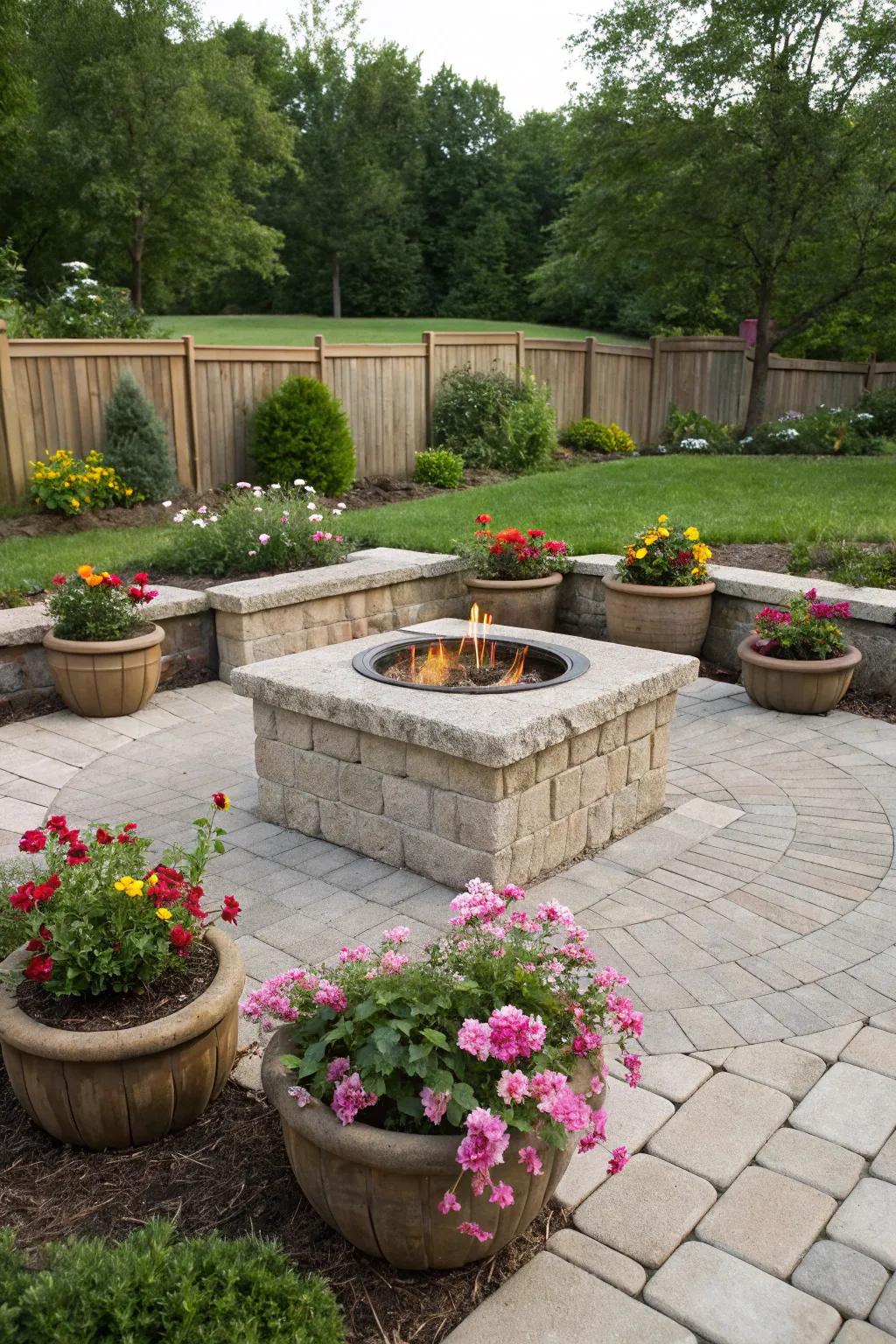 Planters cultivate a rich environment circling fire pits.