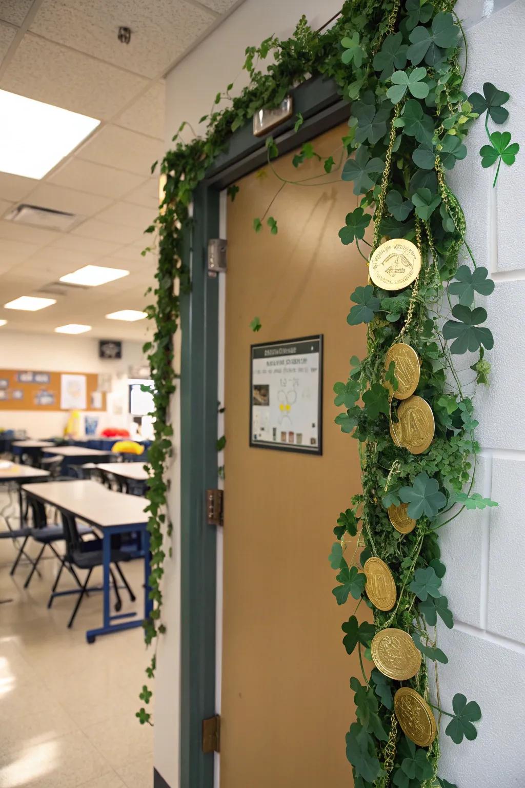 A trailing garland featuring shamrocks and gilded coins draping over a classroom door.