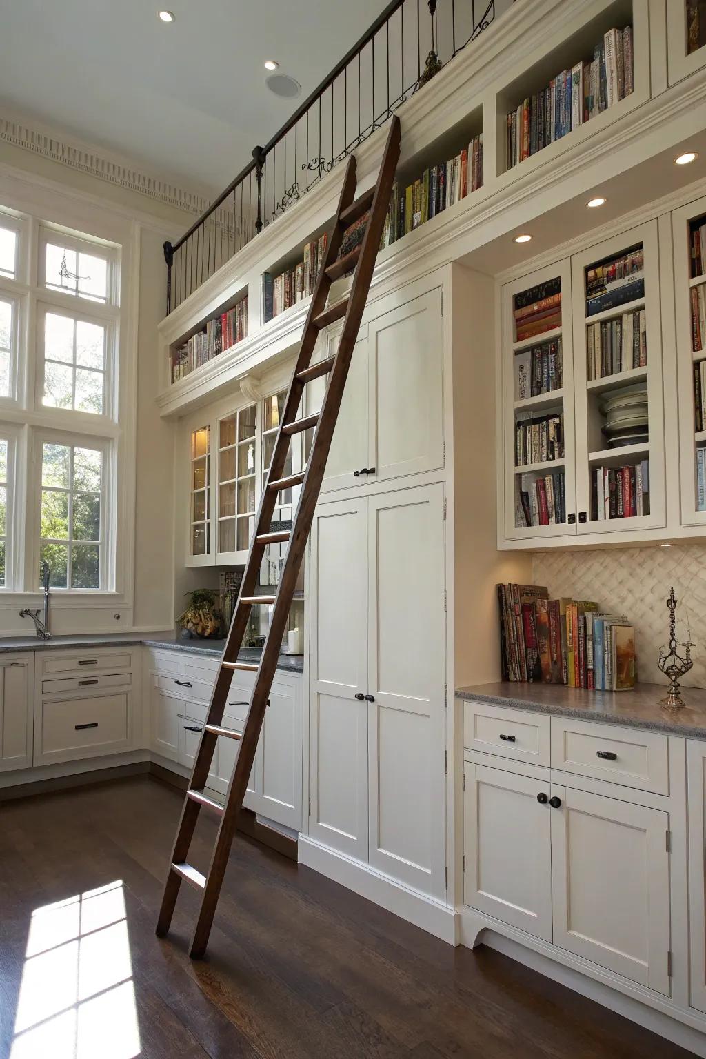 A rolling step stool introduces both functionality and charm to elevated kitchen areas.