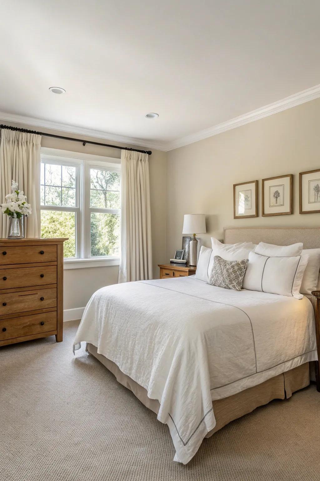 A gender-neutral design in the master bedroom appeals to a wide audience.