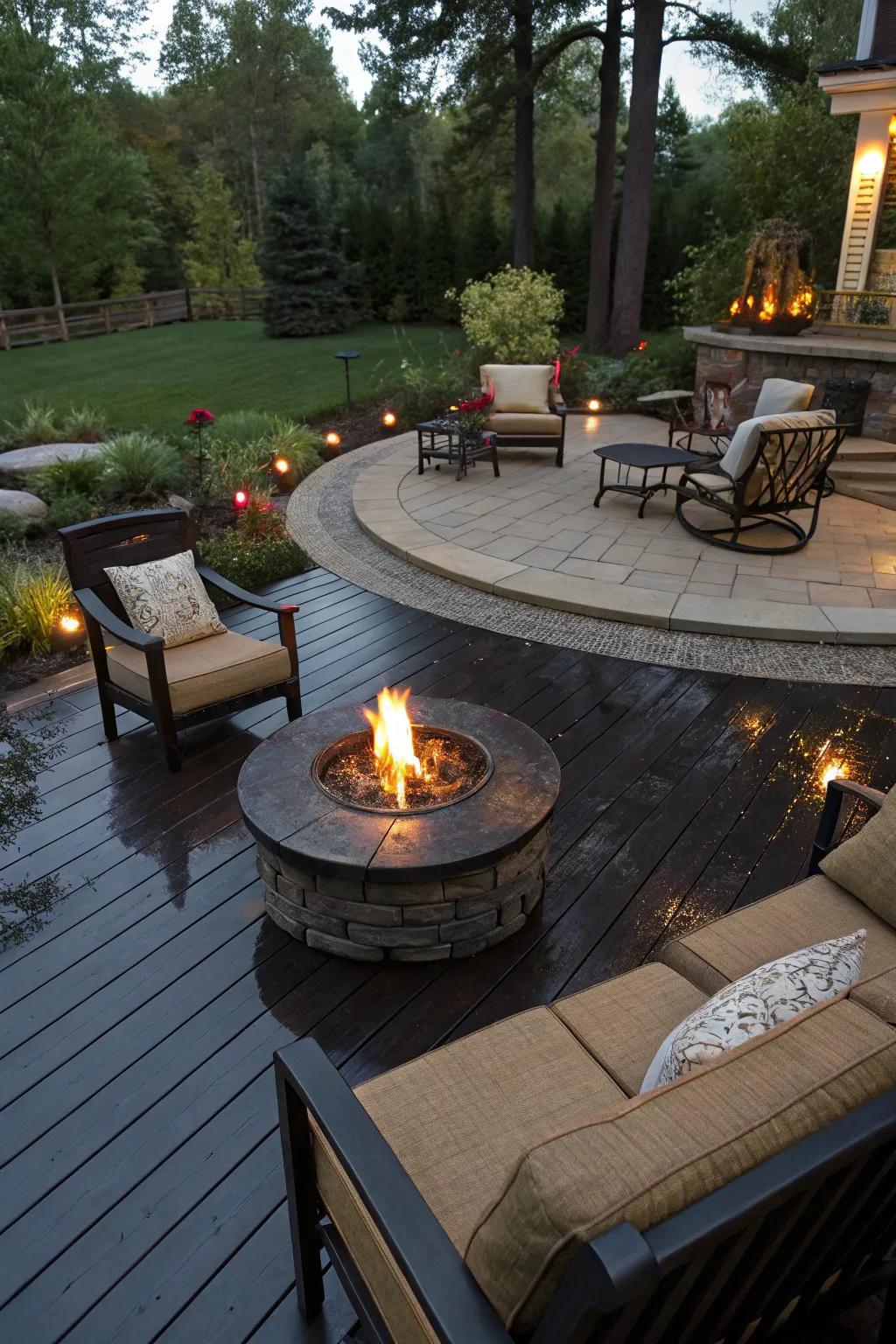 A patio with a dramatic dark stained fire pit area.