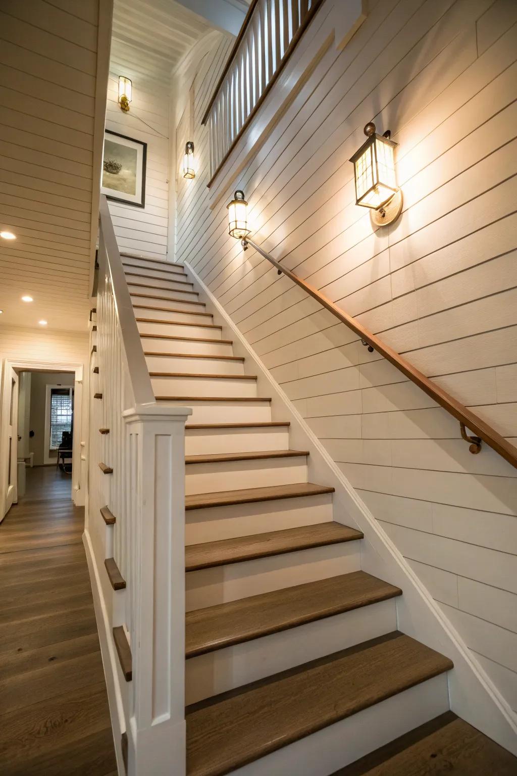 Farmhouse charm meets modern elegance with shiplap walls.