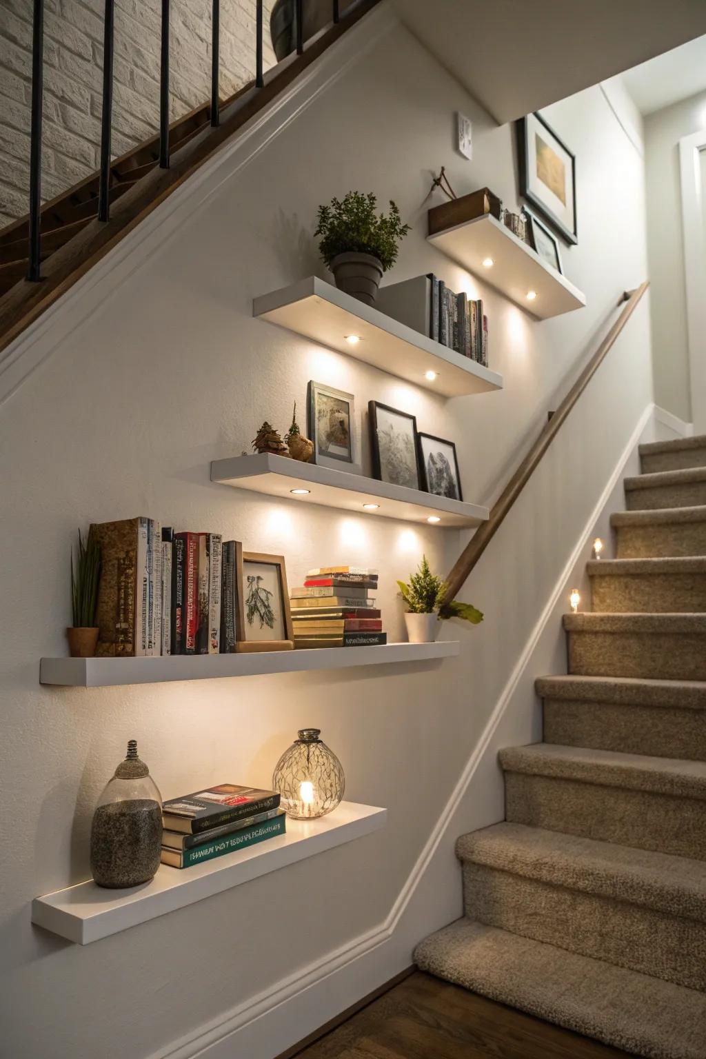 Suspended shelves introduce practicality and style.