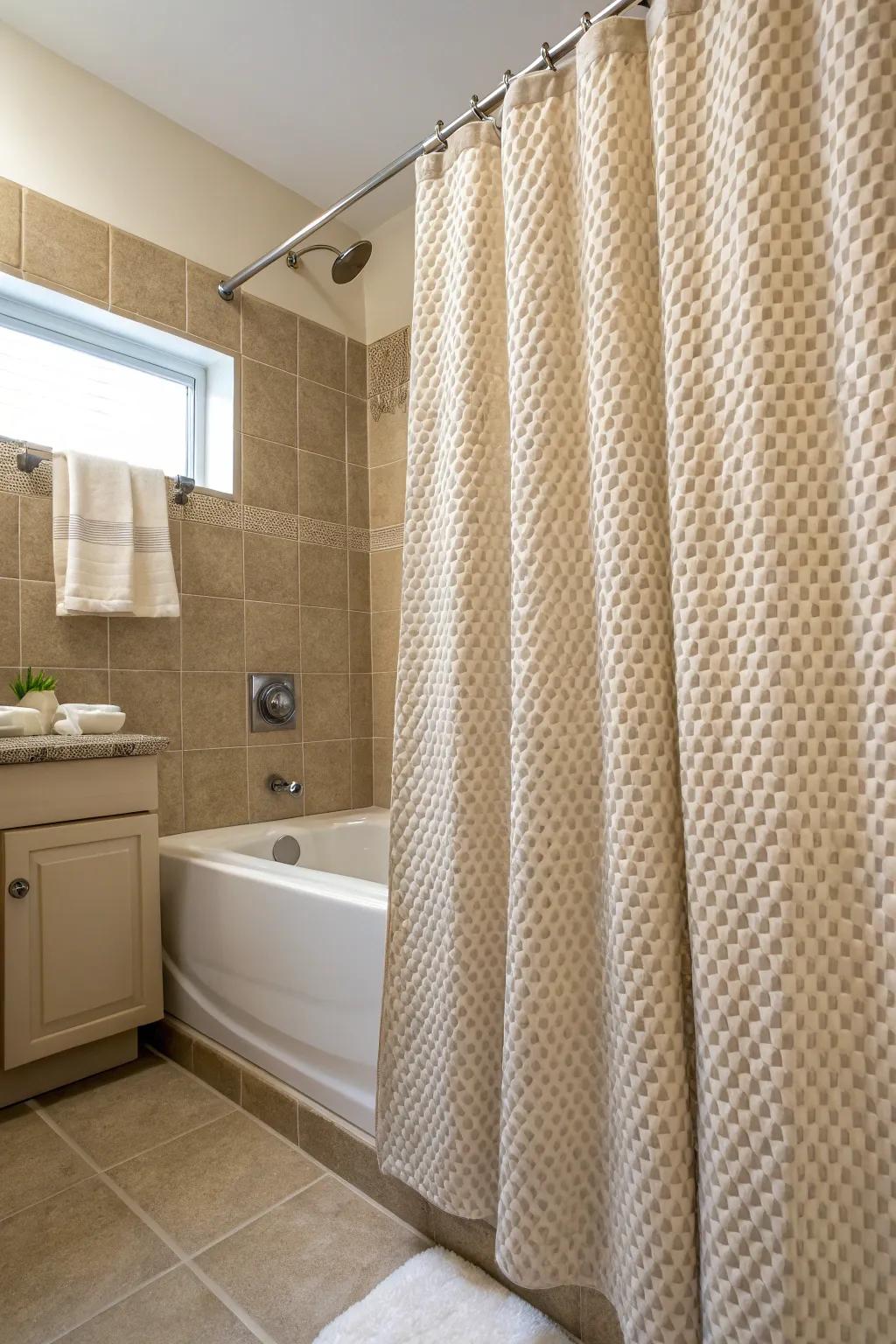 Woven fabrics append depth and fascination to bathroom themes.