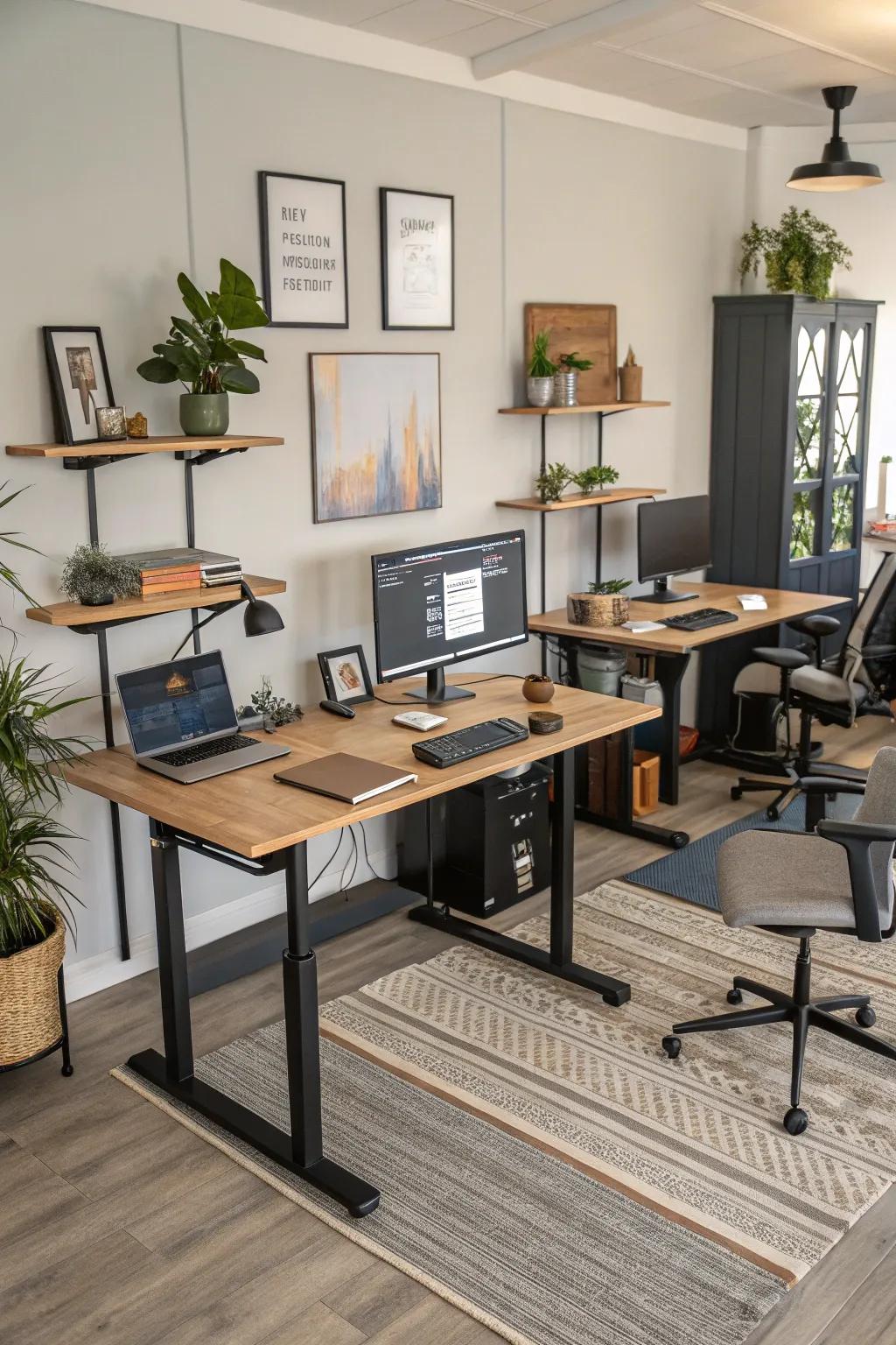Upright desk zones offer a work area that can do many things and promotes working together.
