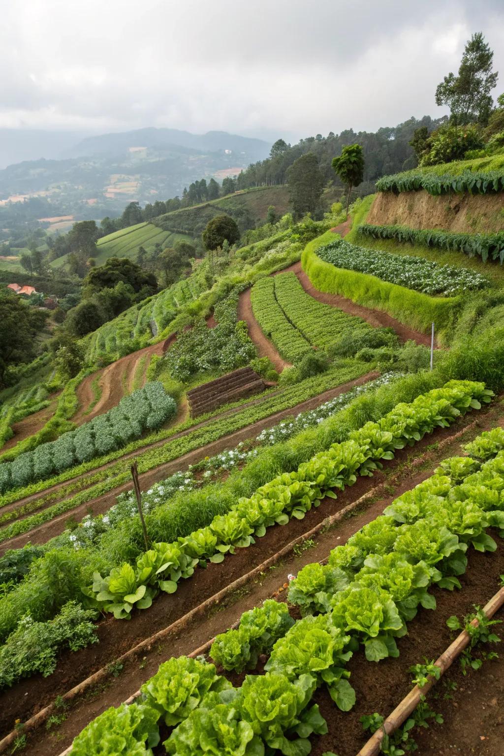 Terraced beds efficiently utilize sun-drenched slopes.