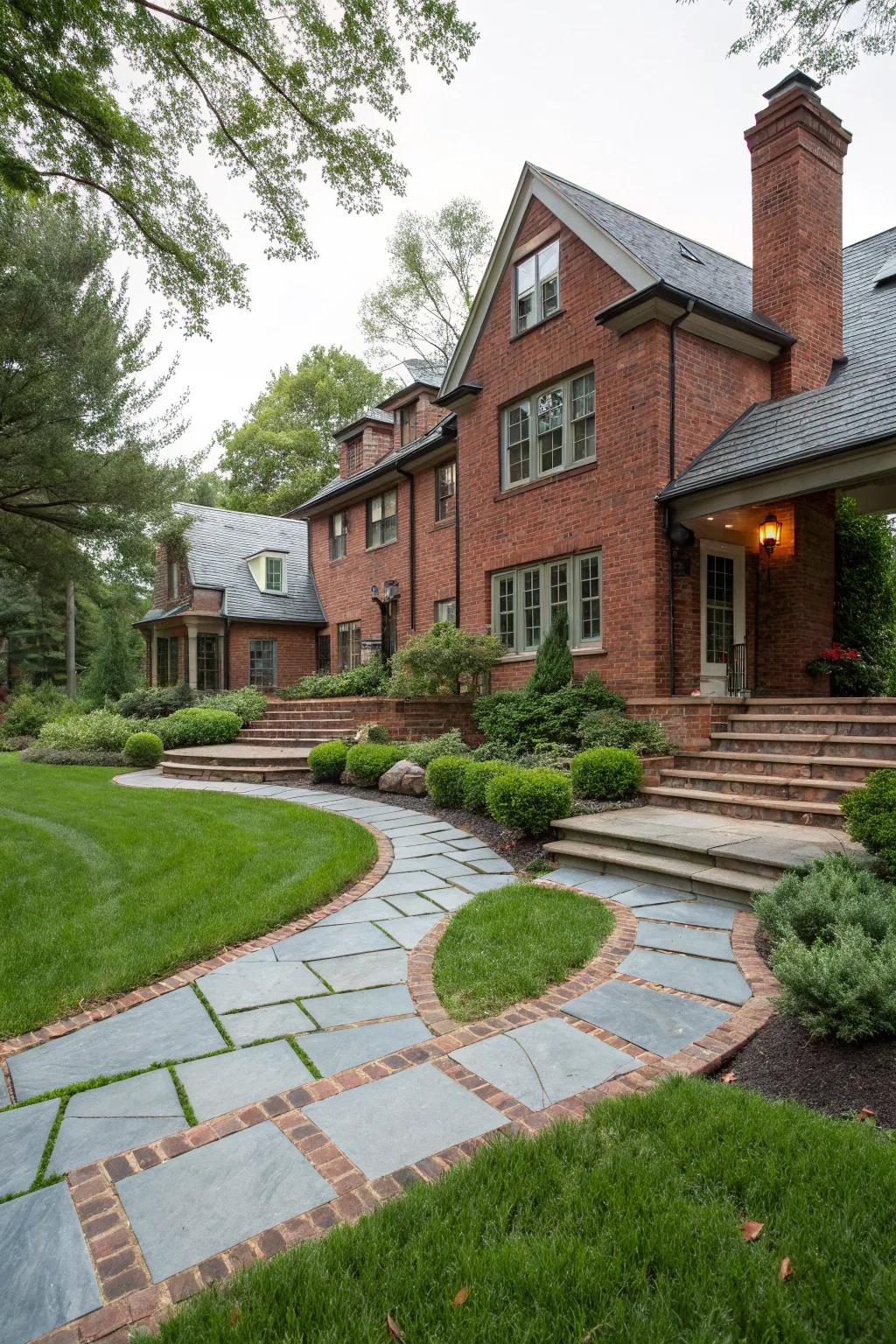 Welcoming style with crimson brick and azure stone.