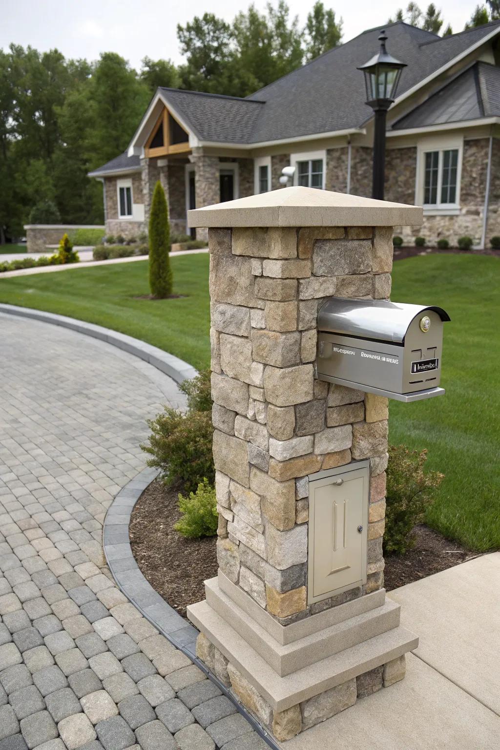 A modern stone mailbox pillar with metal details.