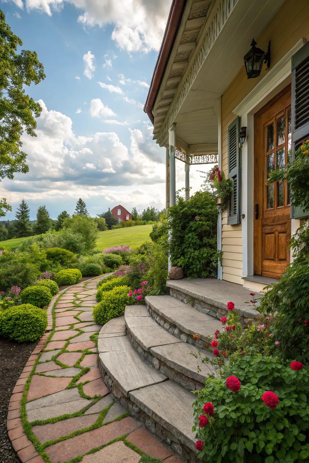 Coiling rock steps fashion a whimsical doorway.