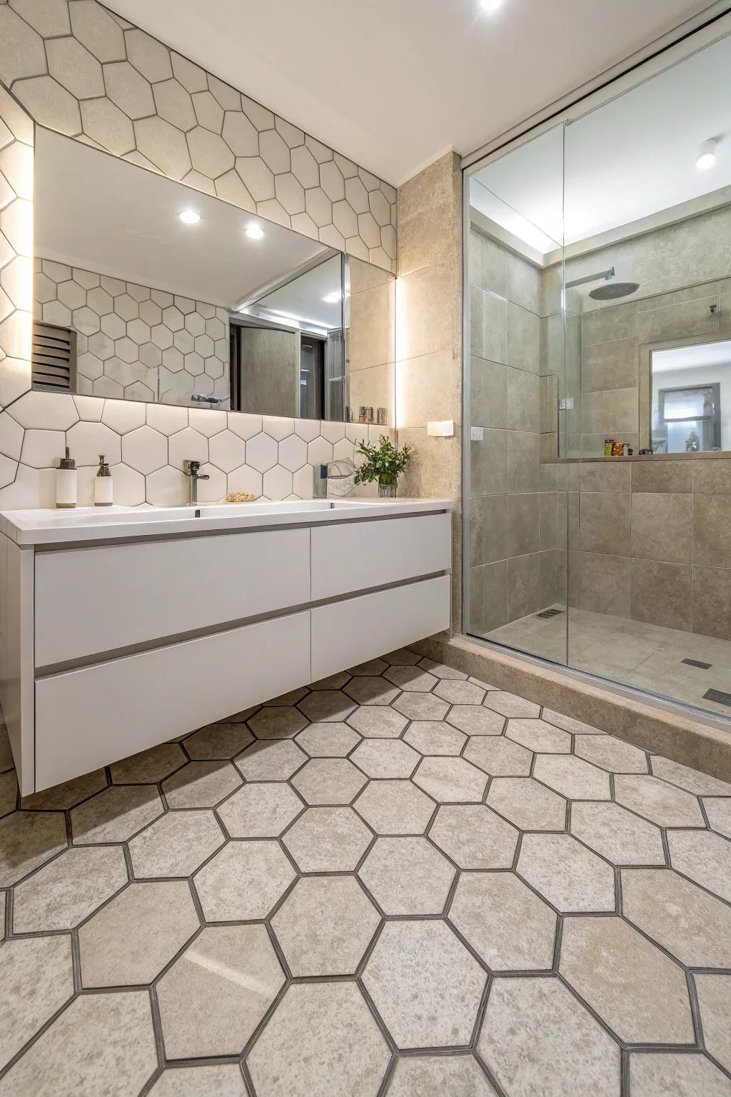 Hexagonal tiles bring a modern geometric touch to stone showers.