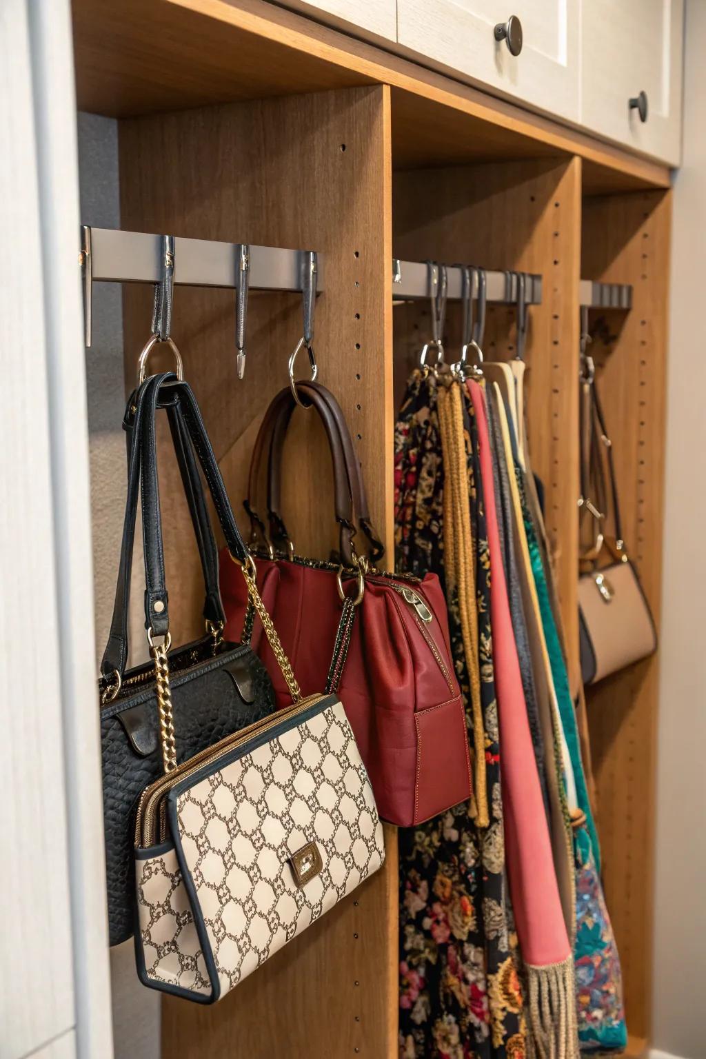 Hooks on a closet side storing handbags.