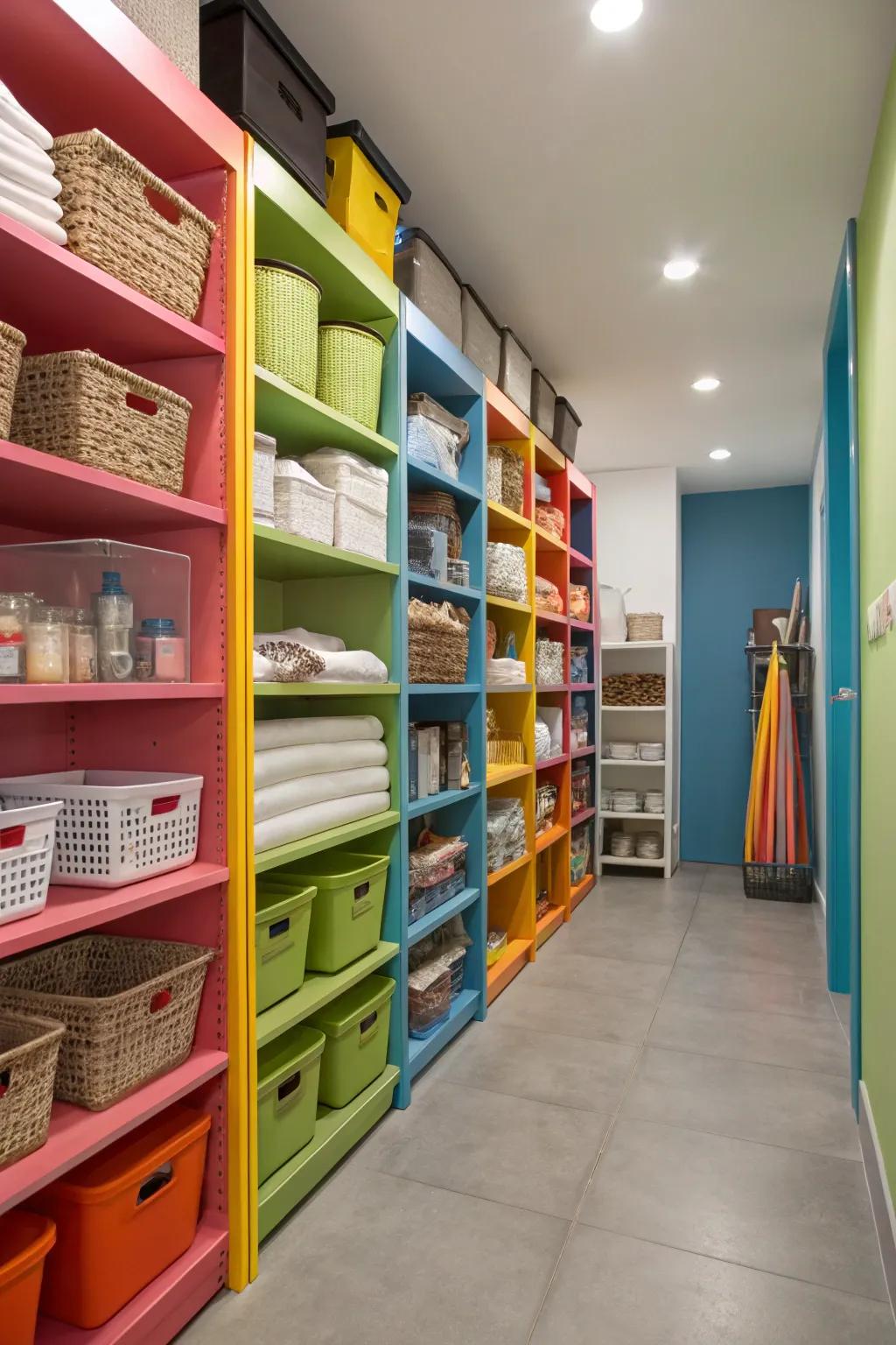 Painted shelves add a pop of color to your storage room.