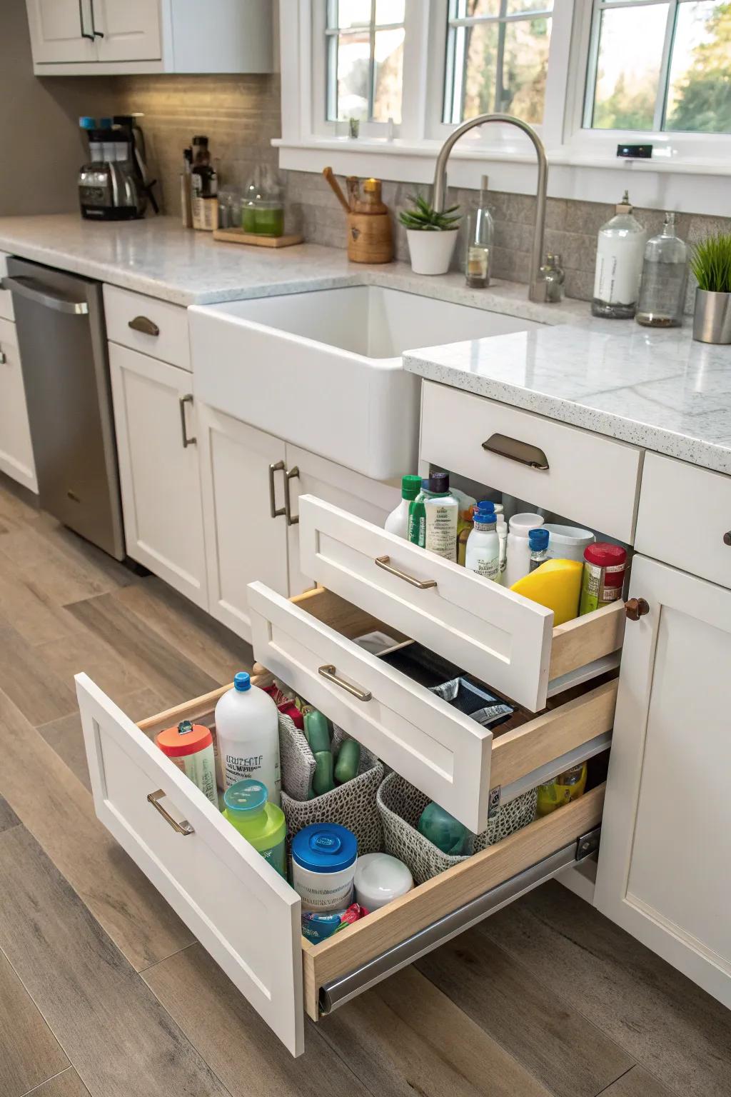 Arrange beneath-sink mess with convenient slide-out trays.