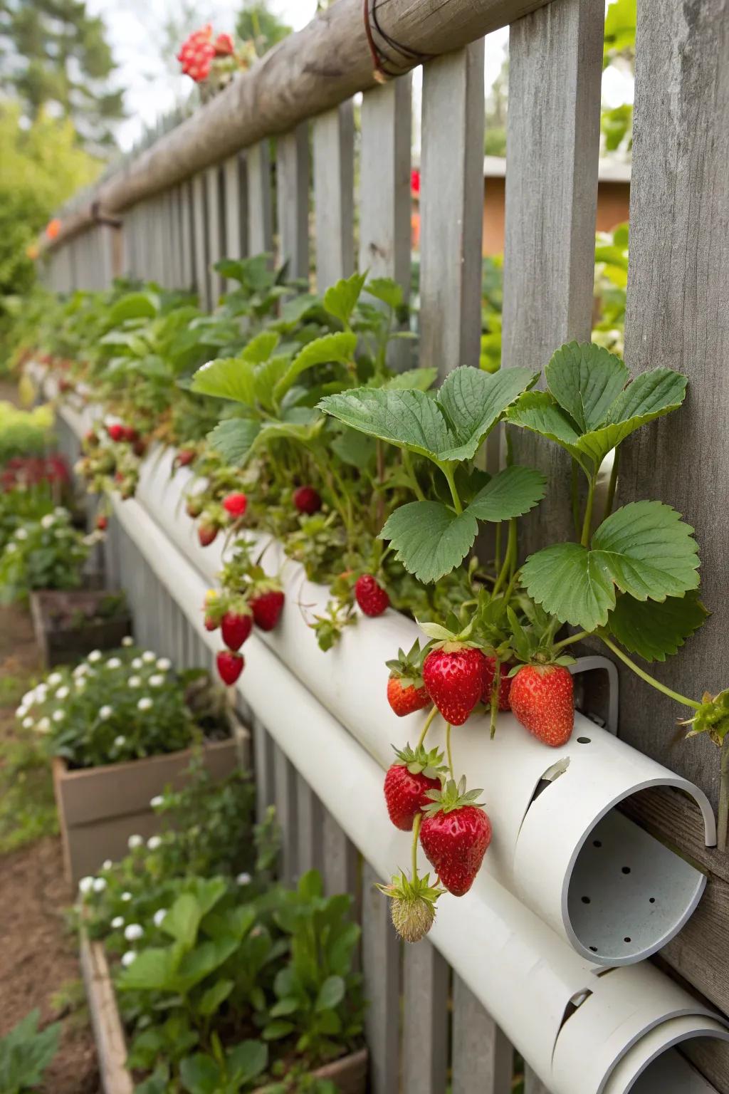A vertical gutter garden packed with strawberries.