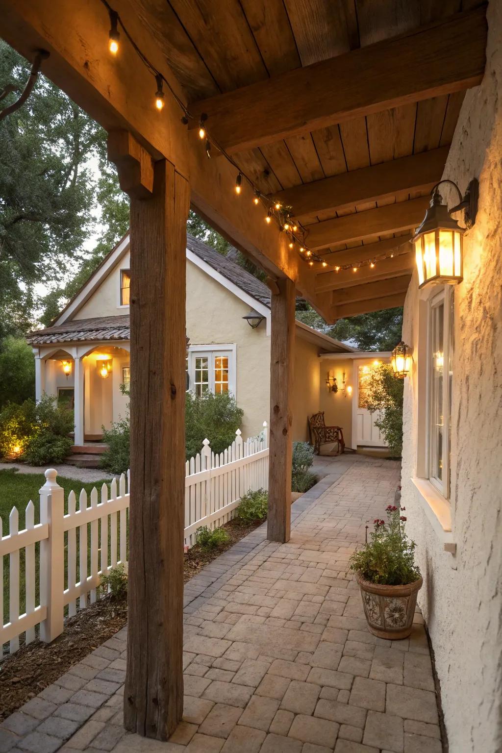 Rustic wooden beams add warmth to the stucco porch.
