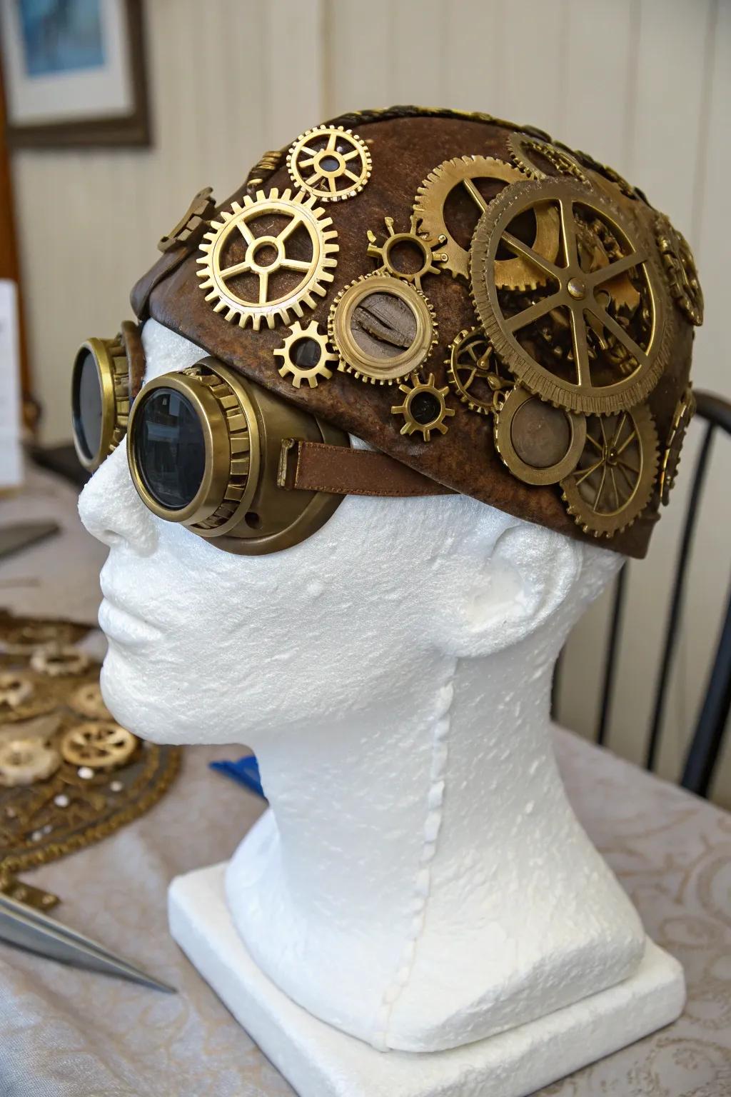 A steampunk head that combines vintage and futuristic styles.