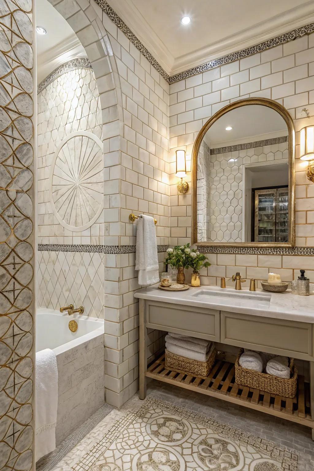Moroccan elongated tiles add unique texture and character to the washroom.