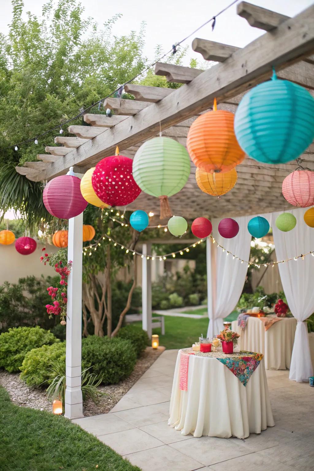 A festive sukkah featuring whimsical paper lanterns that contribute a splash of color.