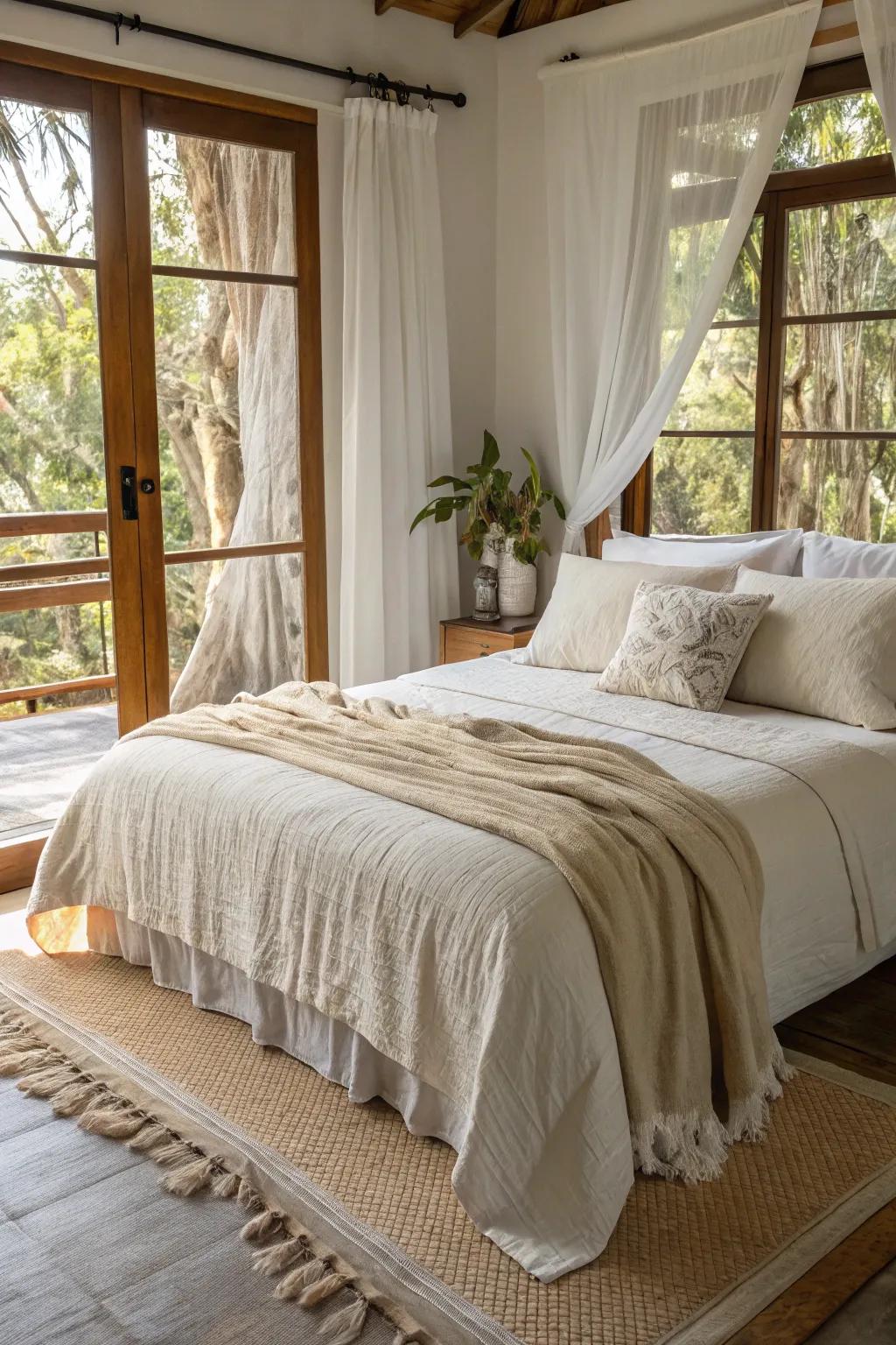 Light cotton and linen cloths maintain a cool and cozy ambiance during summer evenings.