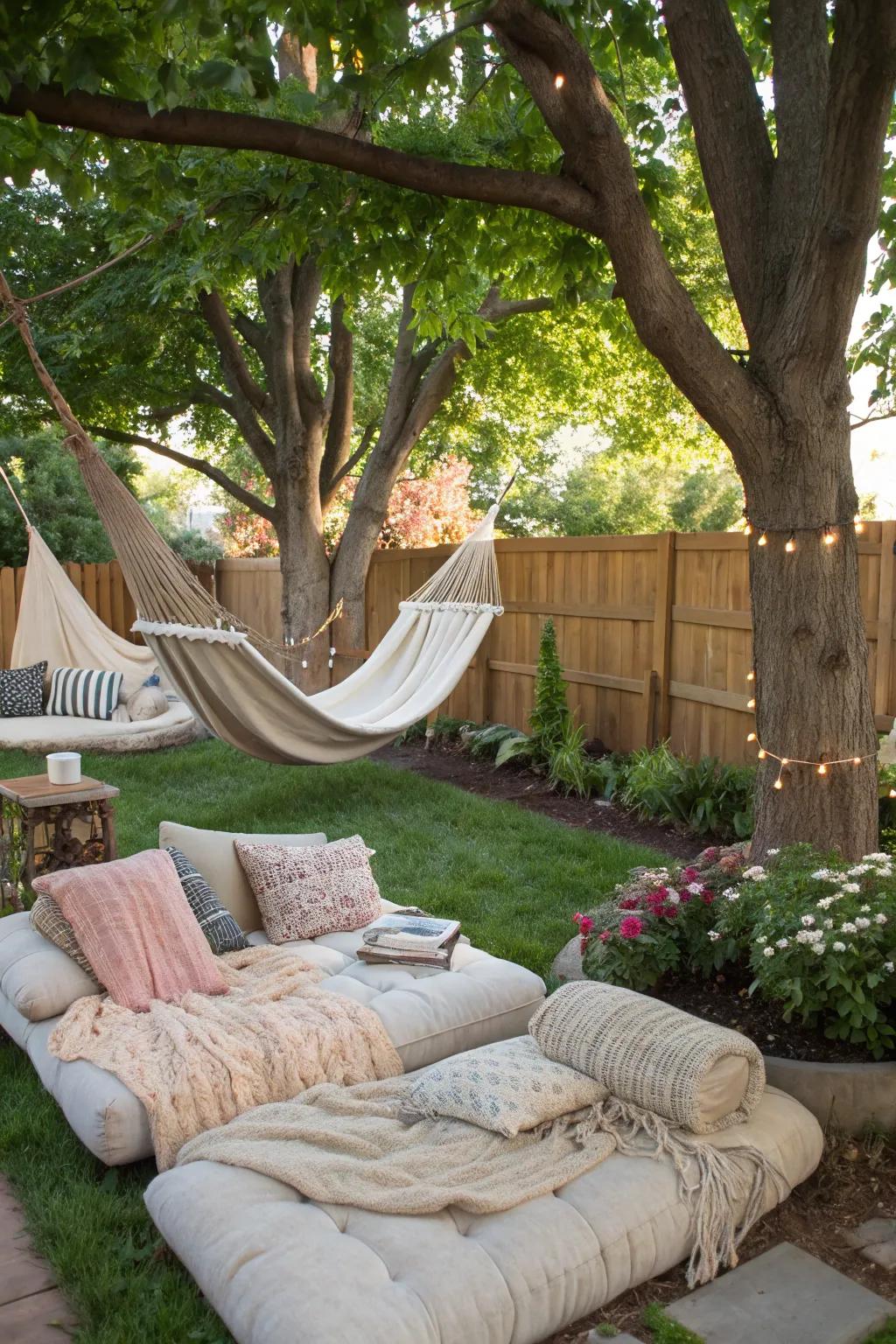 A relaxing chill zone with hammocks for lazy summer afternoons.