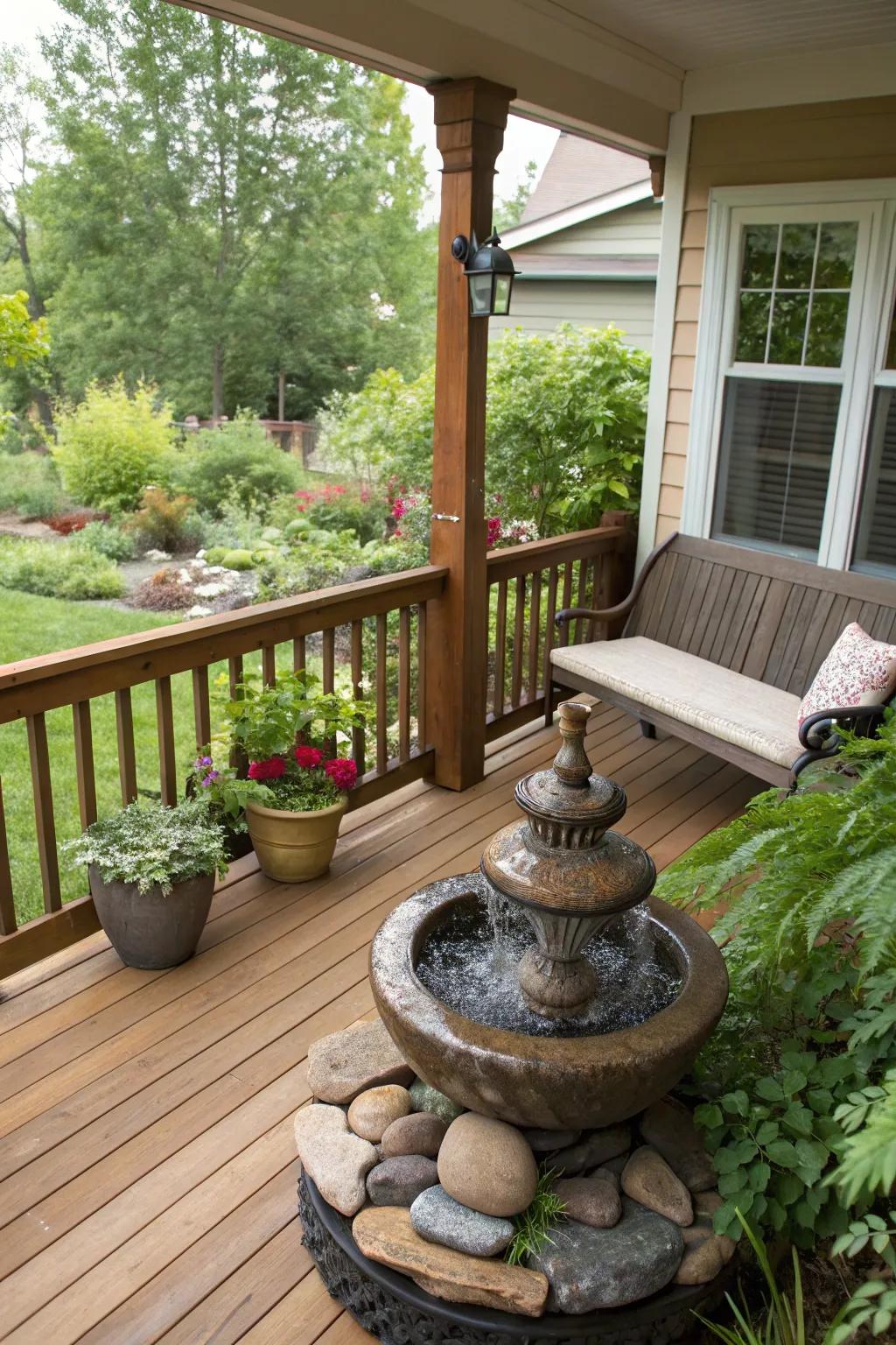 A DIY water fountain adds a soothing element to the porch.
