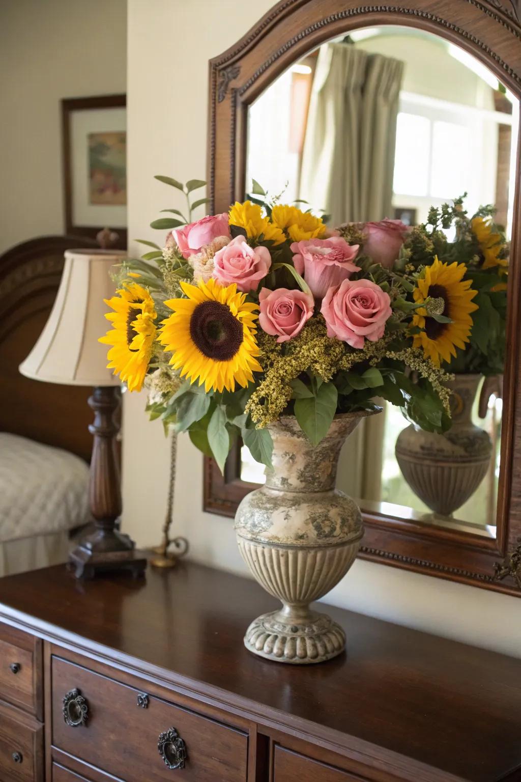 Romantic and cheerful: sunflowers with pink roses.