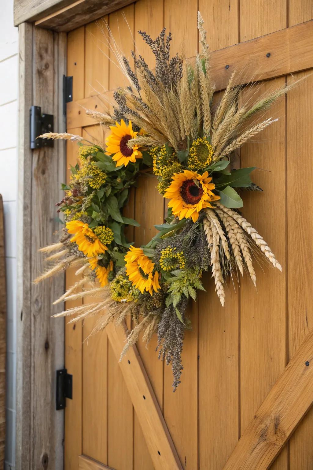 A rustic harvest garland with sunflowers and wheat.